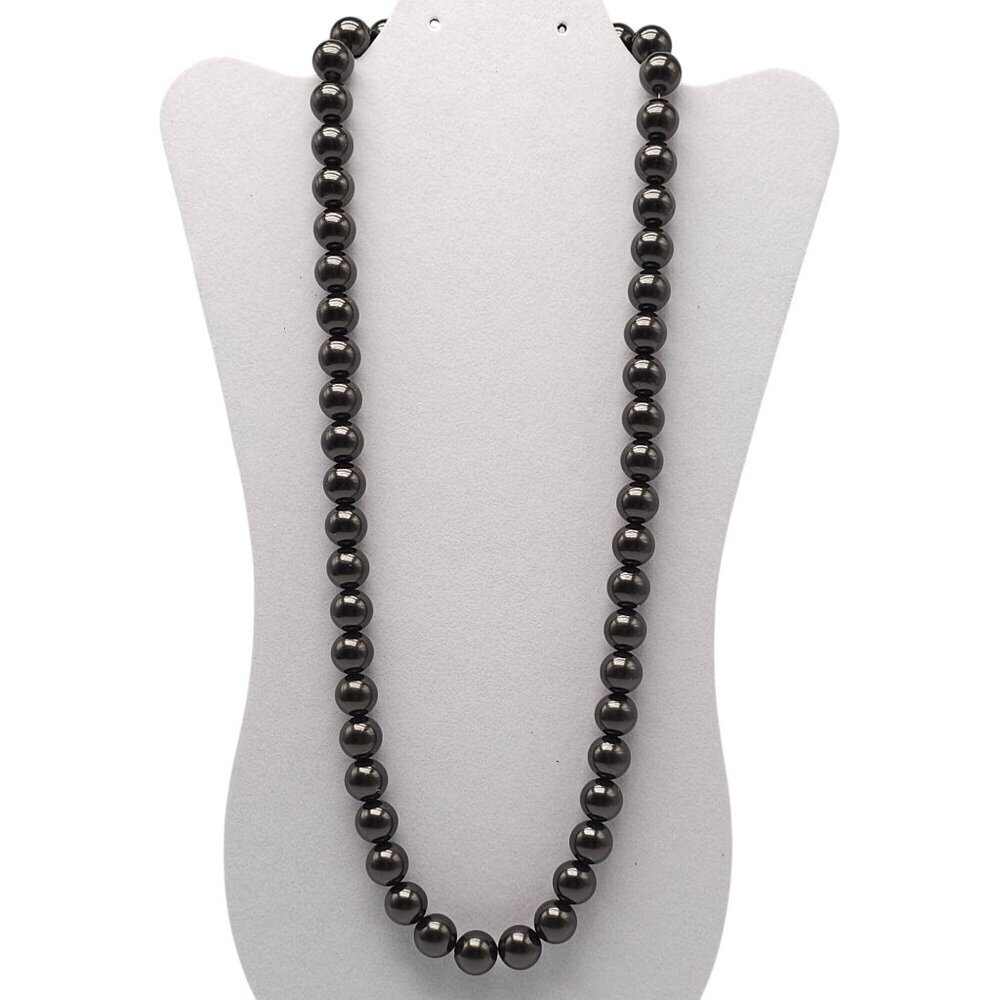 Vintage Pearlized Black Acrylic Beaded Necklace With Twist Clasp 29" Long